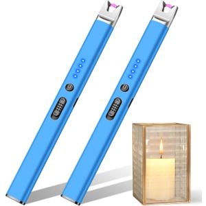 LcFun 2 Pack Blue Candle Lighter Electric USB Rechargeable Plasma Arc Lighter with Safety Lock, Windproof Flameless Long Lighters for Candle, Grill, BBQ, Camping, Gas Stoves