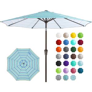 JEAREY 9FT Outdoor Patio Umbrella Outdoor Table Umbrella with Push Button Tilt and Crank, Market Umbrella 8 Sturdy Ribs UV Protection Waterproof for Garden, Deck, Backyard, Pool (Blue Green Stripe)