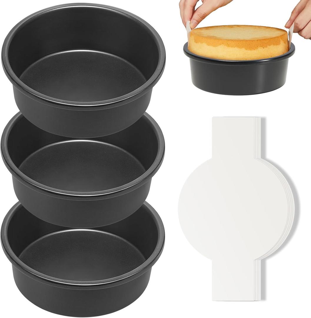 HONGBAKE 6 Inch Round Cake Pan Set for Baking with Healthy Parchment Paper, Nonstick Deeper Circle Cake Pans with Wider Grips, 3 Pieces Premium Layer Cake Tin, Cheesecake Mold, Huty Duty - Grey