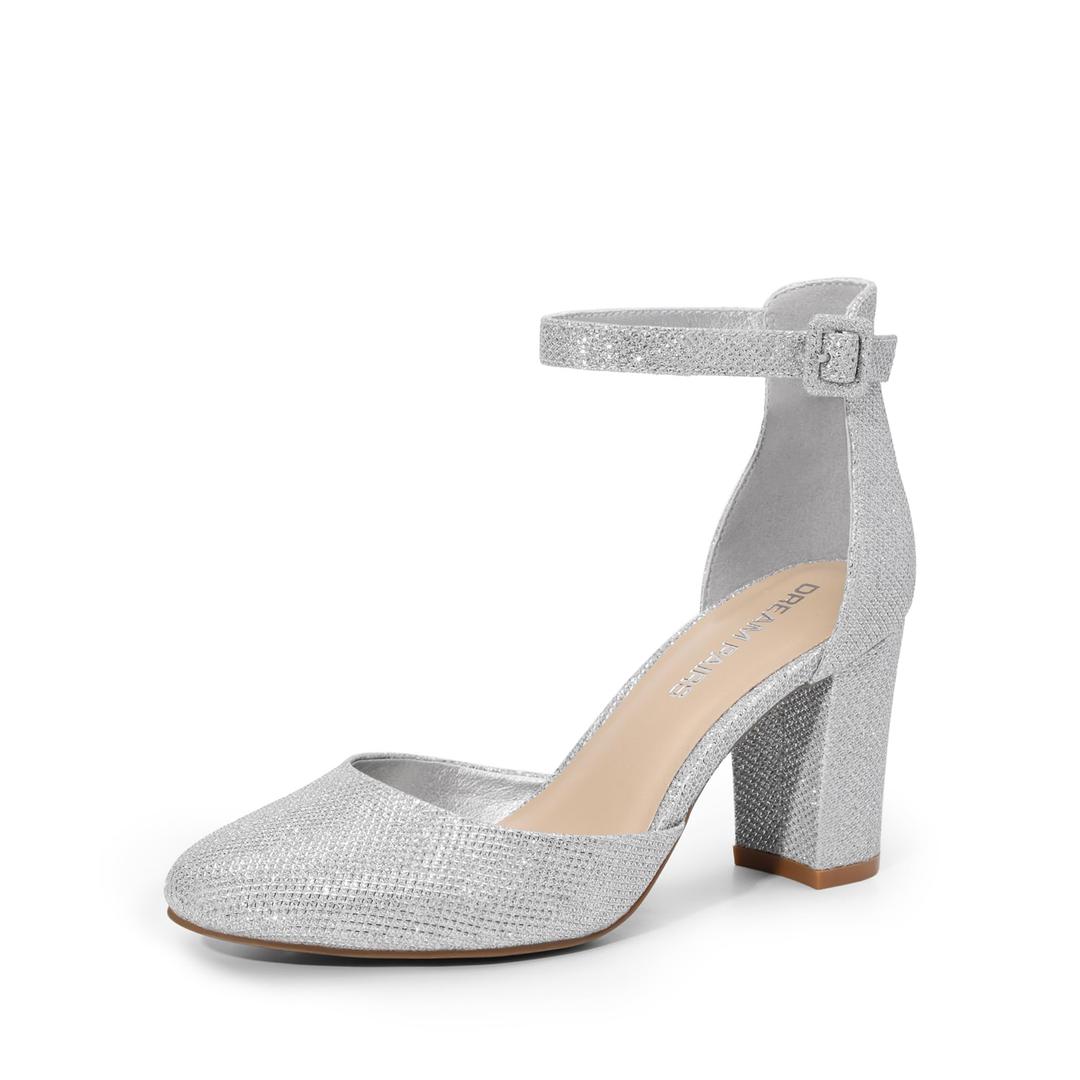 DREAM PAIRS Women's Closed Toe Chunky Heels Ankle Strap Low Block Heels Round Toe Dress Bridal Wedding Pumps Shoes,Size 8,Silver-Glitter,DWUMPU2535