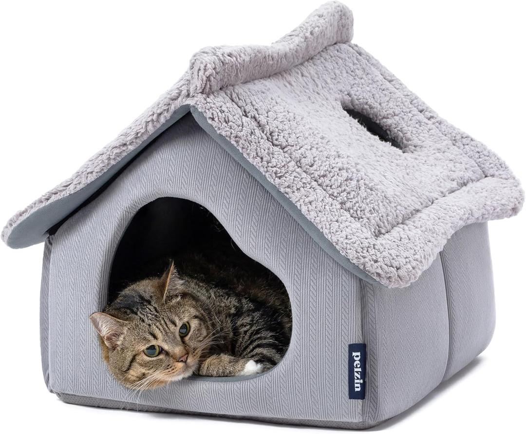 Cat Houses for Indoor Cats - Large Cat Cave Bed with Removable Support Foam and Washable 2-Side Mat - Covered Cat Bed for Cat Hideaway - Enclosed Cat Hideout for Kitten and Small Pet, Grey