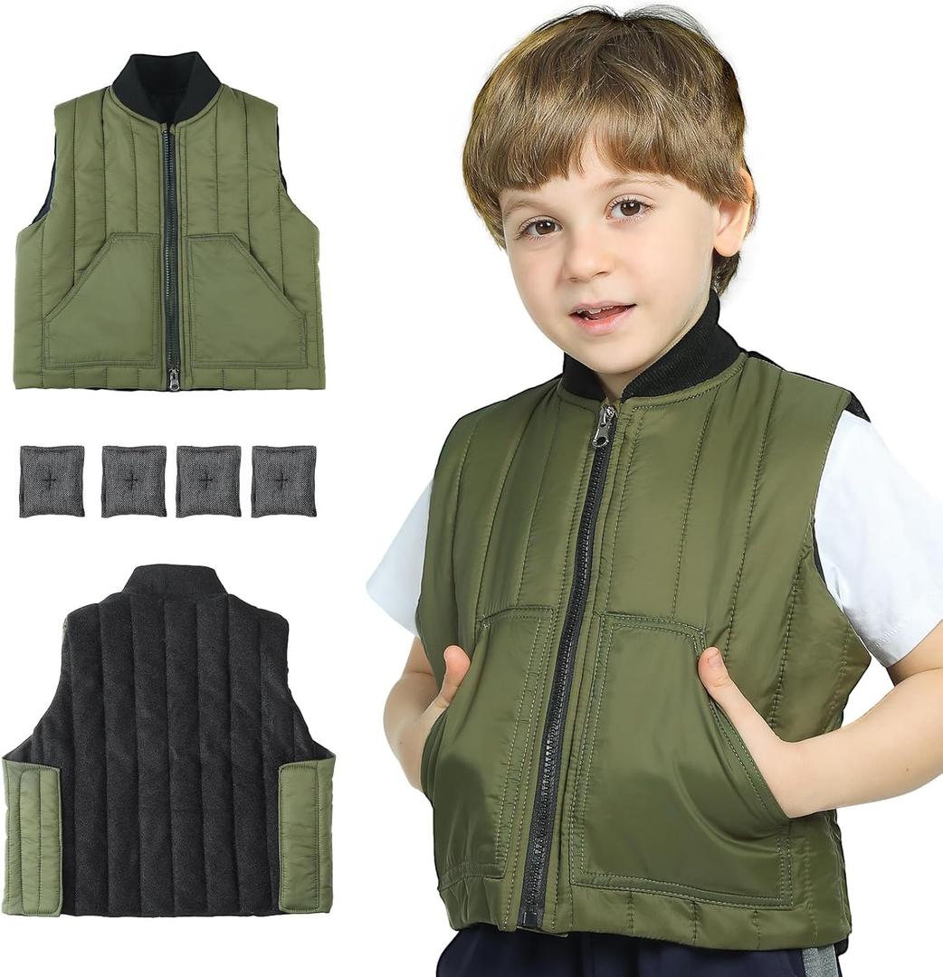 Weighted Vest for Kids - Adjustable Compression Vest With Four Removable Weights Included - Zipper and Pockets Design (Large, Green)
