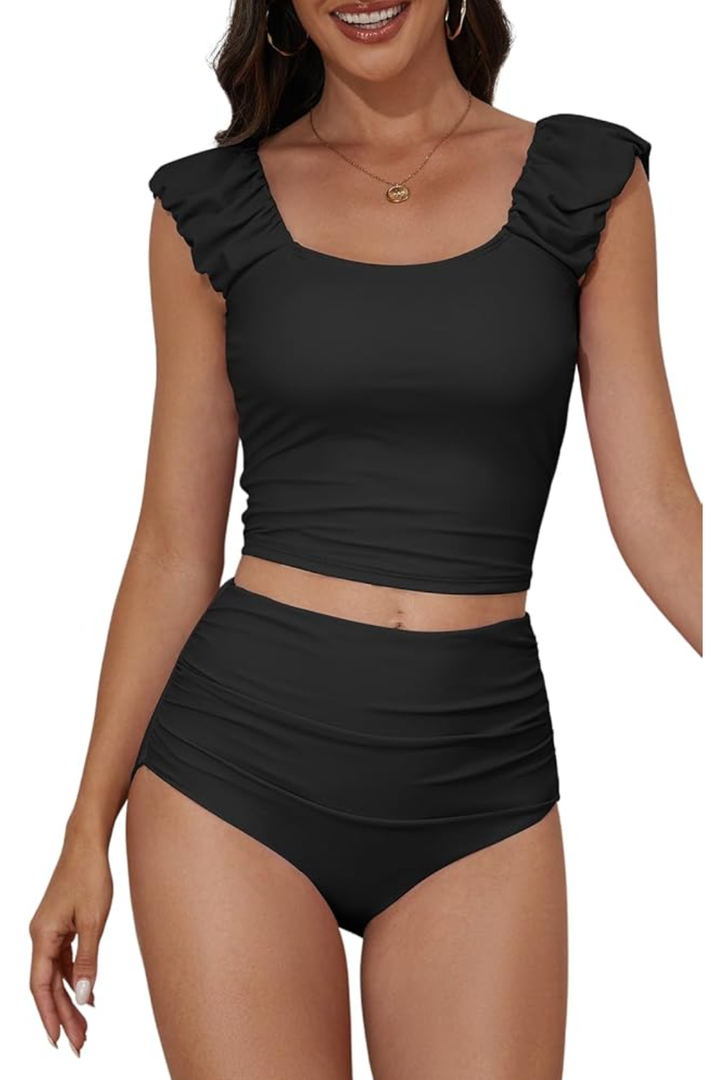 Eomenie Tankini Swimsuits for Women Ruched Tummy Control Bathing Suit Two Piece Swim Tank Top with High Waisted Bottom M