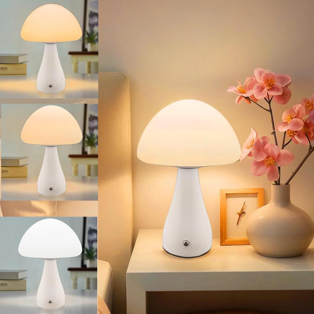 Mushroom Lamp, Dimmable Mushroom Table Light, Portable Wireless Small Lamp, Rechargeable Battery Night Light, Stepless Dimming, Birthday Gift Night Lights (White)