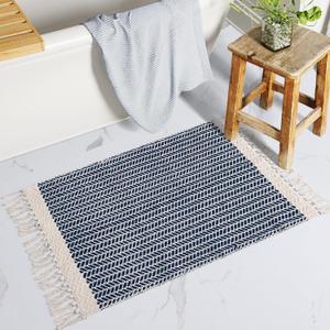 Lahome Boho Bathroom Rugs, Small 2x3 Front Door Mat Lightweight Entryway Rug Woven Cotton Area Rug with Tassels, Farmhouse Non Shedding Washable Blue Throw Rug Low Pile Carpet for Entry Laundry