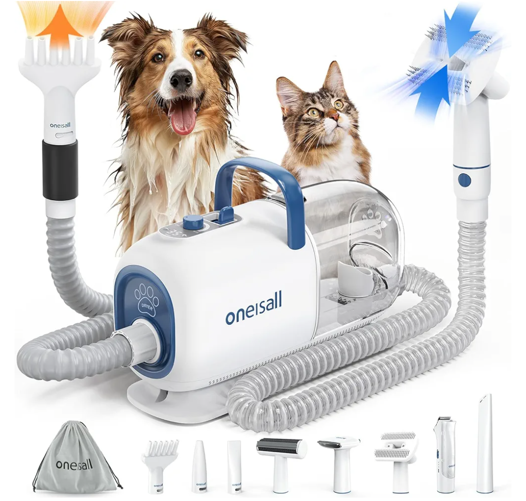 oneisall Dog Vacuum & Dryer for Shedding Grooming, 8 in 1 Dog Grooming Kit with Metal Blade Pet Clippers, Adjustable Speed and Temperature Control Blower