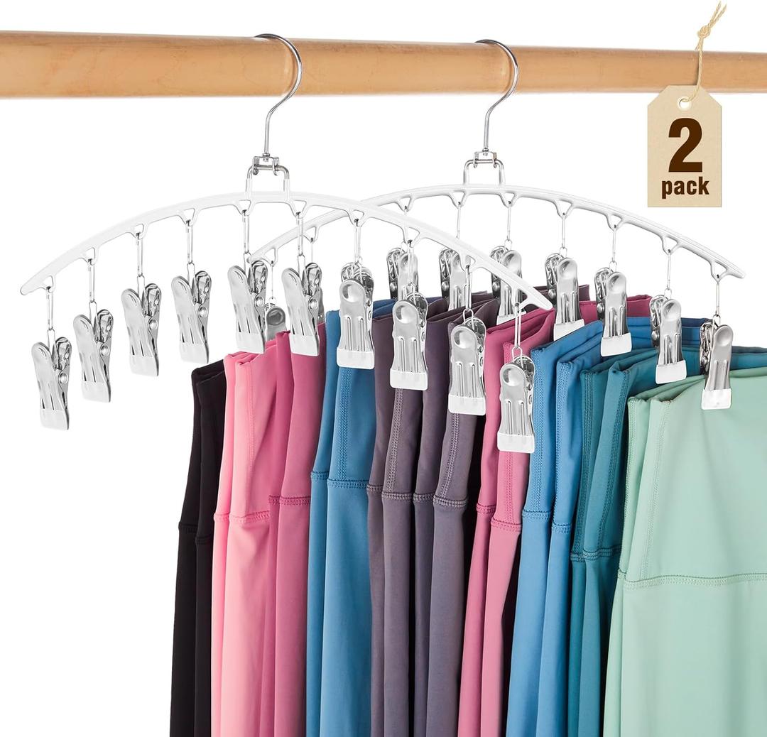 HOUSE DAY Legging Organizer for Closet, Metal Yoga Pants Hanger 2 Pack w/10 Clips Holds 20 Leggings, Space Saving Hanger Closet Organizers and Storage, Clips Hanger for Pants, Skirts, Hats, White