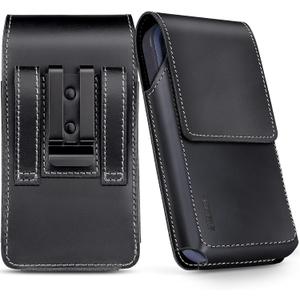 ykooe Genuine Leather Phone Holster Compatible with iPhone 17 16 15 14 13 12 & Pro Models, Galaxy S25 S24 S23 S22 -Belt Clip and Magnetic Closure, Black, L