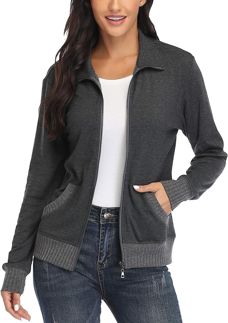andy & natalie Women's Stand Collar Zip up Long Sleeve Jacket with Pockets Running Sweatshirts Jackets (Medium)