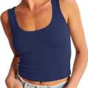 Artfish Women's Scoop Neck Sleeveless Knit Ribbed Fitted Casual Crop Tank Top (Navy Blue) S