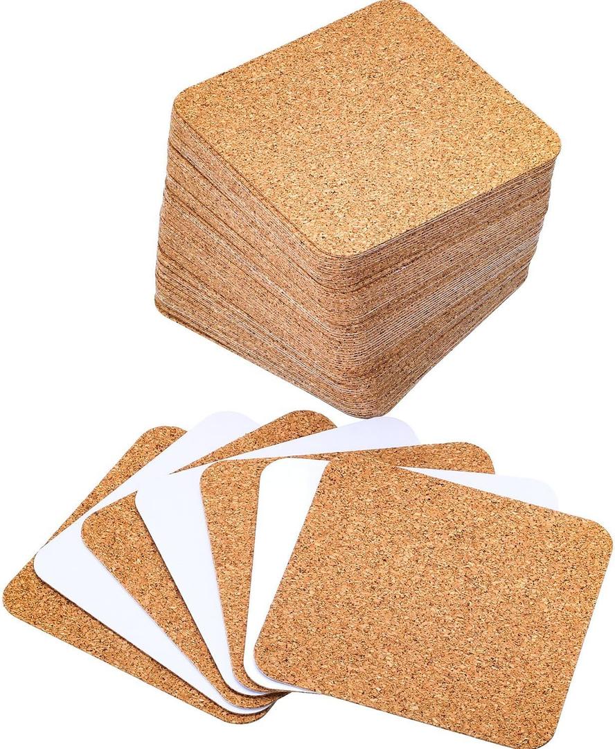 60 Pieces Self Adhesive Cork Coasters Squares/Round 4 x 4 Cork Mats Backing Sheets for DIY Coasters Crafts Backing Tiles Supplies(Square)