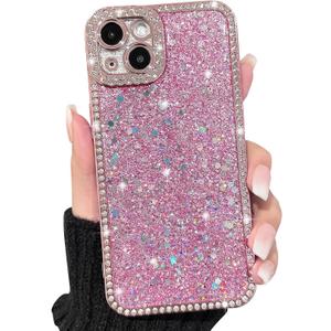 NITITOP Compatible with iPhone 15 Case Glitter Sparkly Sequin Design for Girls Women Luxury Bling Crystal Diamond Frame Full Camera Protection Shockproof Protective Phone Cover - Pink
