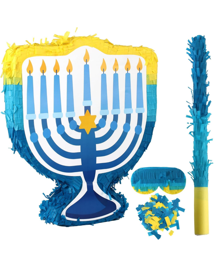 Hanukkah Christmas Pinata with Stick Blindfold and Confetti Christmas Pinata Bundle for Xmas Birthday Holiday Game Favors Photo Prop Decoration (Menorah)