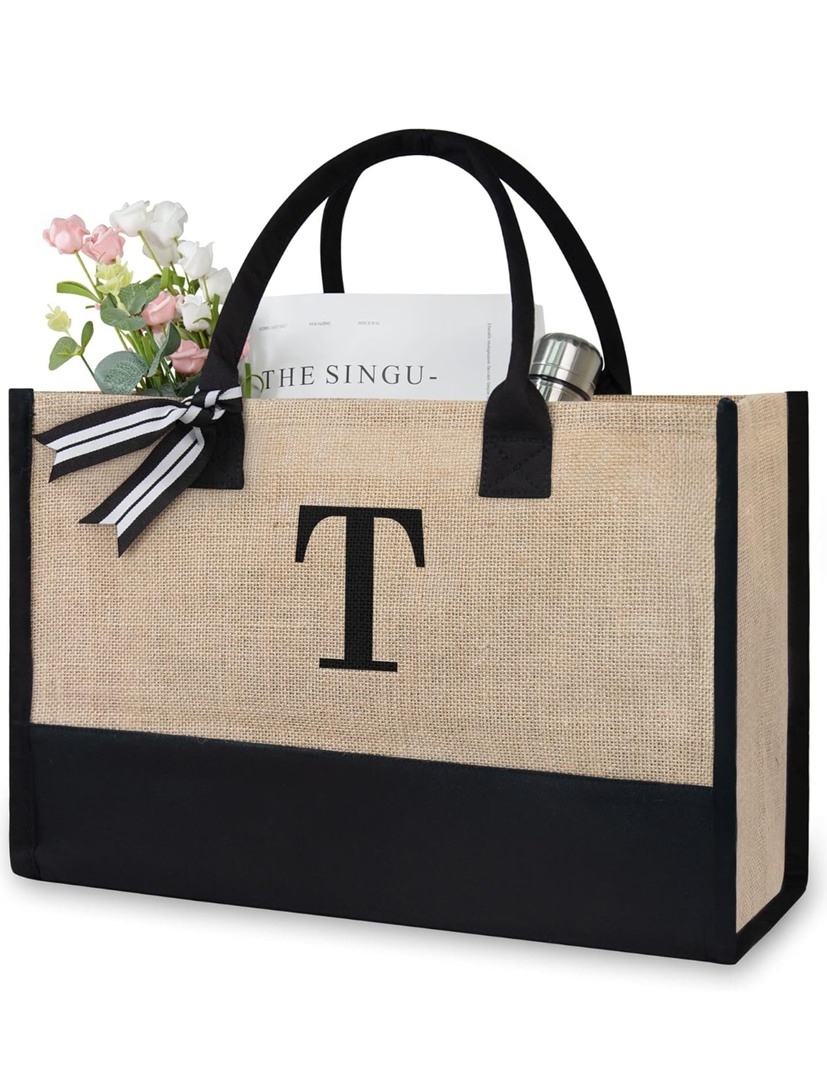 Initial Jute/Canvas Tote Bag, Personalized Present Bag, Suitable for Wedding, Birthday, Beach, Holiday, is a Great Gift for Women, Mom, Teachers, Friends, Bridesmaids (Letter T) 16x13 inch