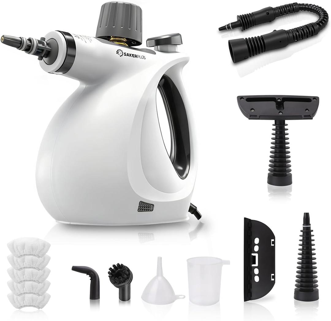 SakerPlus Steam Disinfection Cleaner, Handheld Pressurized Steamer with 9-Piece Accessories for Multi-Surface Cleaning, Natural Sanitization for Kitchen, Floor (1 x Steam Cleaner Kit + 4 Fiber Cloths)
