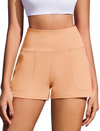PINSPARK Workout Shorts Women Wide Leg Athletic Shorts High Waisted Yoga Shorts Tummy Control Gym Short with Pockets, Peach, S