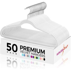 HOUSE DAY Premium Velvet Hangers 50 Pack, Non-Slip Flocked Felt Hangers, Sturdy Clothes Hangers with 360 Rotatable Hook, Heavy Duty Coat Hanger, Durable Slim White Hanger for Closet Space Saving