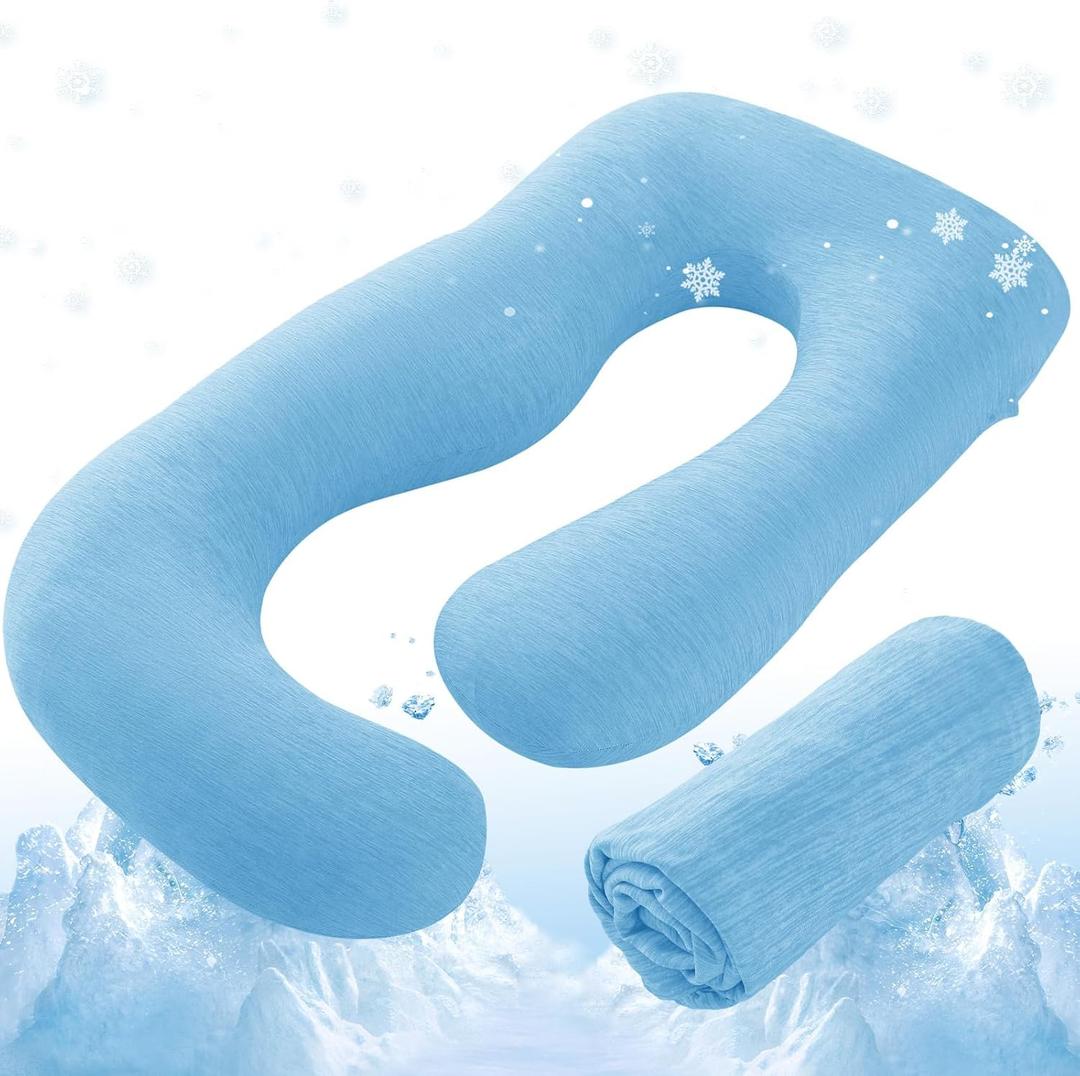 Sasttie Cooling Pregnancy Pillow Cover, 57-inch U Shaped Pregnancy Pillow Case, Fits 55 to 57 Inch Maternity Pillow, Blue (No Pillow Insert)