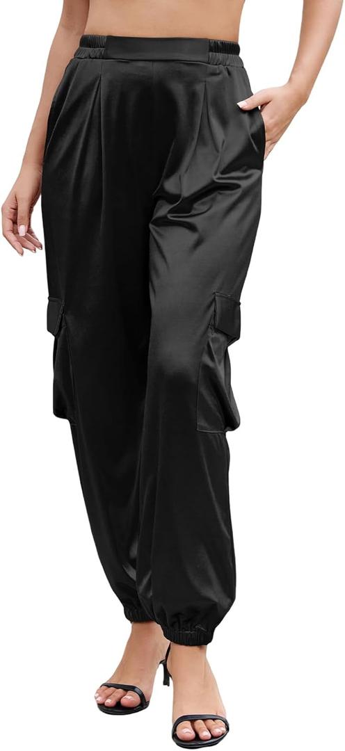 ZAFUL Womens Satin Joggers 2025 Boho Chic Cargo Jogger Pants High Waisted Stretch Silk Ankle Pants Slack Trousers (Black, L)