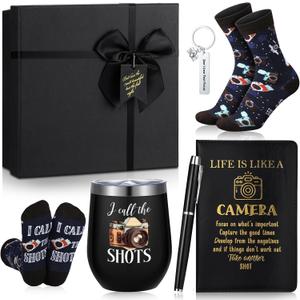 6 Pcs Photographer Gifts for Camera Lovers for Men Women 12 oz Stainless Steel Cup Socks Keychain Pen Notebook Box for Christmas Photography & Travelers Lovers