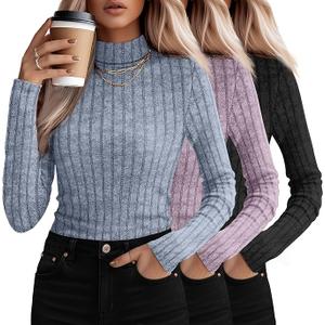 3 Pack Women's Mock Turtleneck Sweaters, Long Sleeve Ribbed Knit Tops Fit Soft Thermal Underwear, Lightweight Spring Pullover (Light Blue, Light Purple, Black), Size Small