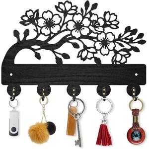 MAYJOYDIY Cherry Blossom Wooden Key Holder Flower Branch Key Hanger for Wall 11.8×7.9 Inch Decorative Wall Mount Coat Rack with 5 Alloy Hooks for Entryway Kitchen Office Bedroom Gift