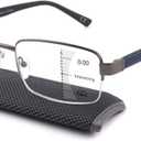 Missfive Mens Premium Multifocus Reading Glasses 0 Power on Top Center, Blue Light Blocking Far/Mid/Near Progressive Multifocal Readers Metal Frame With No Broken Spring Hinge, 2.5x, Blue