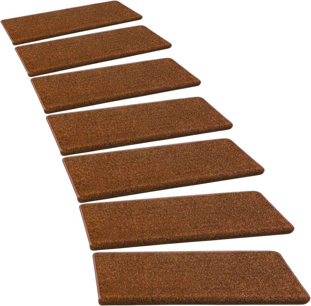 PURE ERA Bullnose Carpet Stair Treads Set Tape Free Non-Slip Indoor Stair Protectors Pet Friendly Rugs Covers Soft Skid Resistant Washable Reusable 9.5" x 30"(14 Pieces,Brown)