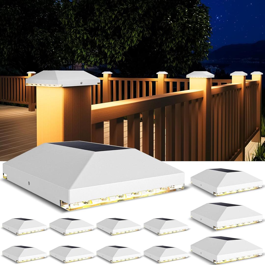 VOLISUN 4x4 Solar Fence Post Lights Outdoor 12pack,Cap Light for 4x4 Wooden/Vinyl Post,White Deck Cap Light Solar Powered for Garden/Patio/Porch