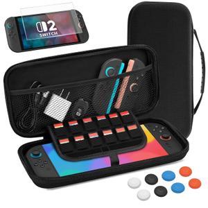 Carrying Case for Nintendo Switch 2 Accessories, Hard Shell Travel Protective Storage Holder Compatible with Switch 2 Console, Holds Charger, Cables & 12 Game Cards, with Screen Protector & Thumb Grips