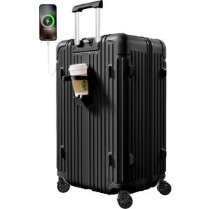 Krute Carry on Luggage 20 Inch Suitcases with Spinner Wheels Hardside Luggages Cup Holder Carry Suitcase USB Charger Port PC+ABS with TSA Lock (Black)