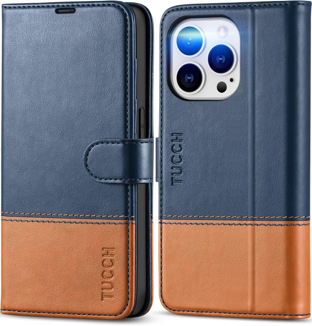 TUCCH Compatible with iPhone 14 Pro Wallet Case, Protective [TPU Shockproof Inner Shell], PU Leather [RFID Blocking] [4 Card Holder] Magnetic Stand Cover for iPhone 14 Pro 6.1", Brown & Dark Blue
C
