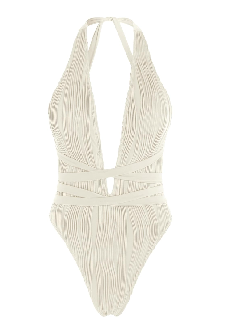 ZAFUL Women's One Piece Swimsuit Deep V Neck Ribbed Self Tie Sexy High Cut Bathing Suit Crisscross Back Swimwear, Size XL