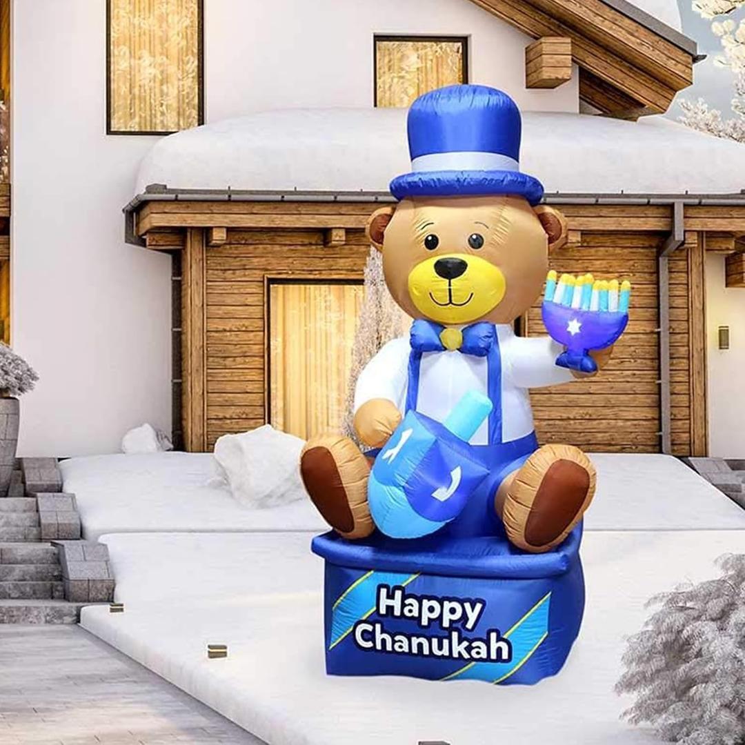Zion Judaica Inflatable Hanukkah Yard Decorations 8' Bear Multi Blue - Hanukah Indoor Outdoor Lighted Decoration Built-in LED Lights - Includes Air Blower, Tie-down Stakes - Chanukah Lawn Dcor Blowup