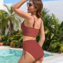 ZAFUL Women High Waisted Bikini Sets Color Block Swimsuit Two Piece Knot Twist Cut Out Drawstring Bathing Suit (Red, S)