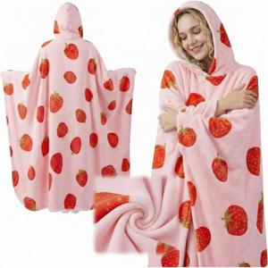 Strawberry Wearable Blanket Hoodie for Women, Oversized Cozy Sherpa Hoodie Blanket, Cute Pink Hooded Sweatshirt, Warm Gift for Mom, Mother's Day Gift