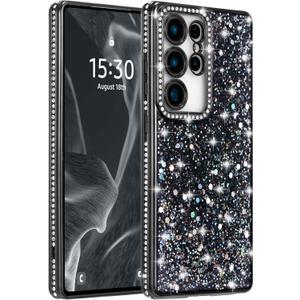 FABSPARK Case for Samsung Galaxy S25 Plus,Glitter Crystal Diamond Rhinestone Sequin Shiny Bling Sparkly Glossy Luxury Electroplated,Aesthetic Cute Full Protection for Samsung Galaxy S25 Plus,Black