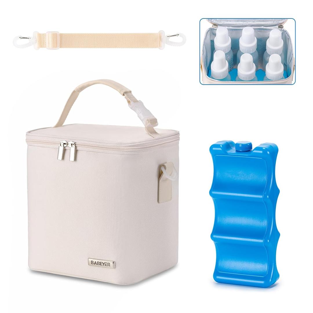 Breastmilk Cooler Bag with Ice Pack Fits 6 Baby Bottles Up to 9 Ounce, Baby Bottle Bag with Shoulder Strap for Nursing Mom Daycare, Cream Breastmilk Cooler Bag with Ice Pack Fits 6 Baby Bottles Up to 9 Ounce, Baby Bottle Bag with Shoulder Strap for Nursing Mom Daycare, Cream