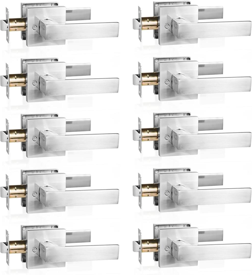 Door Handle with Lock, Passage, 10 Pack, Silver