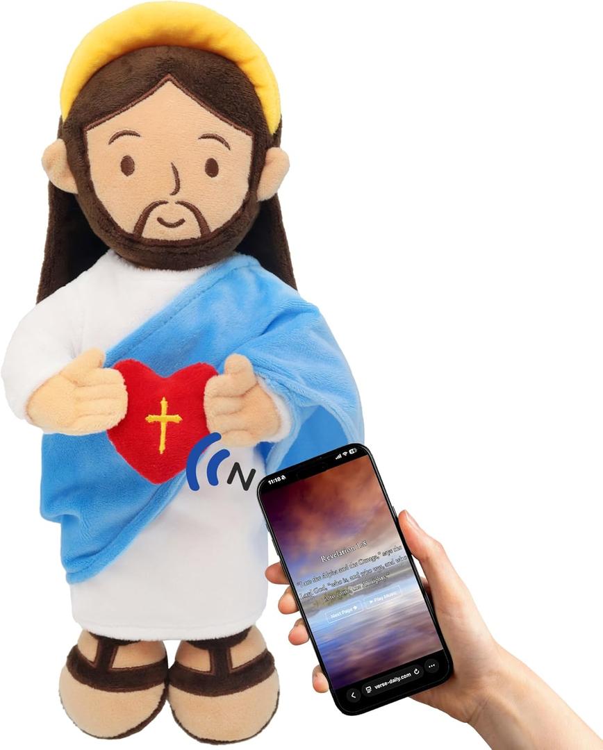 14" Jesus Plush with NFC Daily Bible Verse and Music,Stuffed Doll Plushie for Kids,Heart of Jesus Savior Toy for Religious Christening Easter Gift,Blue (Brown)
