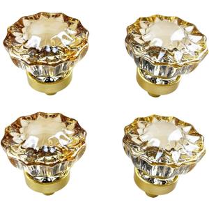 Crystal Cabinet Knobs Gold Drawer Knob Handles Decorative Glass Cupboard Pulls Champagne Color Home Kitchen Decor Flower Shape 4 Pack