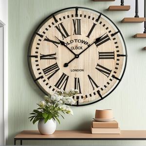 EMAX HOME Rustic Farmhouse Wall Clock 24 Inch, Vintage Oldtown London Wooden Large Clock with Silent Tick, for Bedroom, Office, Kitchen, Indoor Home Decoration