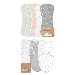 KeaBabies 5-Pack Burp Cloths for Baby Boys and Girls and 3-Pack Baby Swaddle Sleep Sacks - Ultra Absorbent Burping Cloth, Burp Clothes, Newborn Towel - Newborn Swaddle Sack
