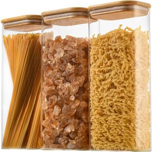 71oz Rectangle Airtight Glass Storage Containers with Bamboo Lids (Set of 3), Square Food Storage Jar, Pantry Organizers for Sugar, Flour, Spaghetti and Coffee beans (with Black Lable)
