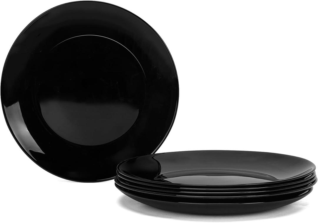10.5 inch Dinner Plate Set of 6, Lightweight Round Opal Glass White Dinnerware Plates, Dishwasher and Microwave Safe (10.5 in - Dinner Plate, Black)