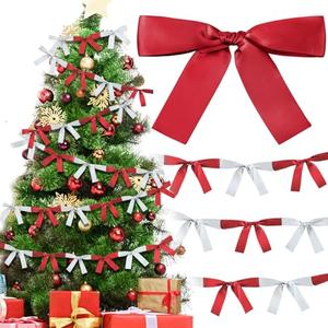 Trandraft 2 Pcs Christmas Bow Garland Banner 16.4 ft Pre-Assembled Red and Sliver Satin Bows Ornaments Xmas Bows Hanging Decors for Room Fireplace Bachelorette Party Birthday Baby Shower Supplies 