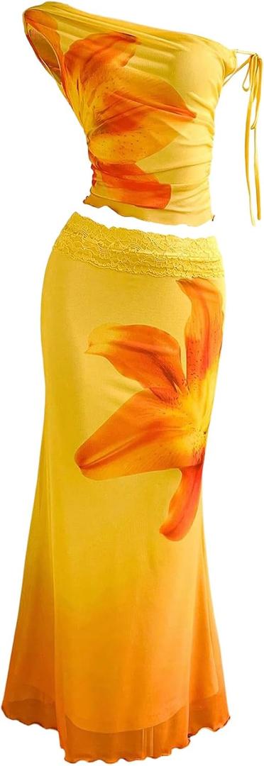 SOLY HUX Women's 2 Piece Outfit Floral Mesh Ruched One Shoulder Crop Tank Top and Bodycon Maxi Skirt Set (Yellow, XL)