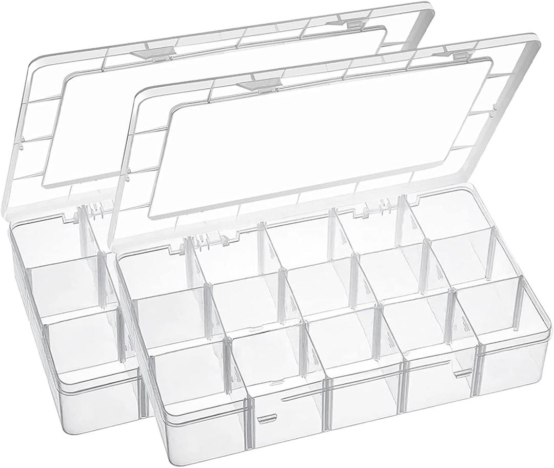 Exptolii 15 Large Grids Plastic Organizer Box with Dividers, 2 Pack Clear Compartment Container Storage for Washi Tapes Beads Crafts Jewelry Fishing Tackles, Size 11 x 6.3 x 2.2 in