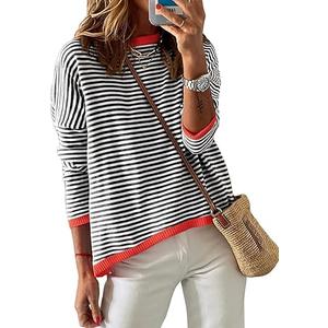 Dokotoo Women's Long Sleeve Sweaters Casual Crewneck Fashion Fall Striped Color Block Shirts High Low Pullover Sweater Tops, Large, Red and Black