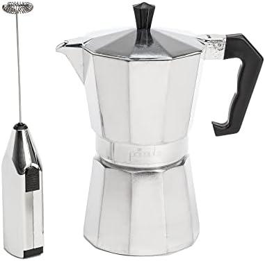 Primula Stovetop Espresso Maker and Handheld Electric Milk Frother Gift Set, Moka Pot for Classic Italian and Cuban Coffee, Cafetera, 6 Espresso Cups, Silver
